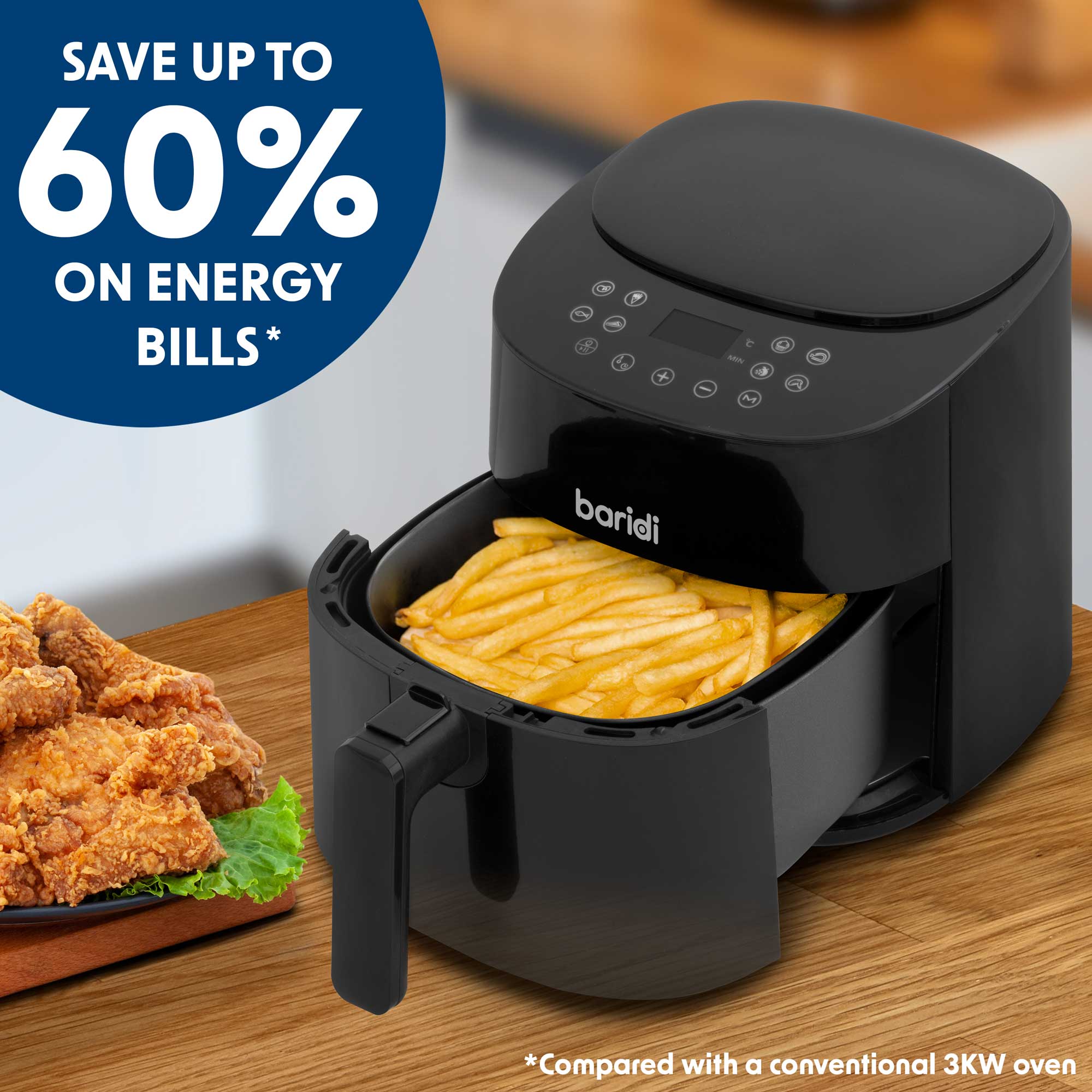 Baridi DH60 Air Fryer Action shot - infographic - save - money