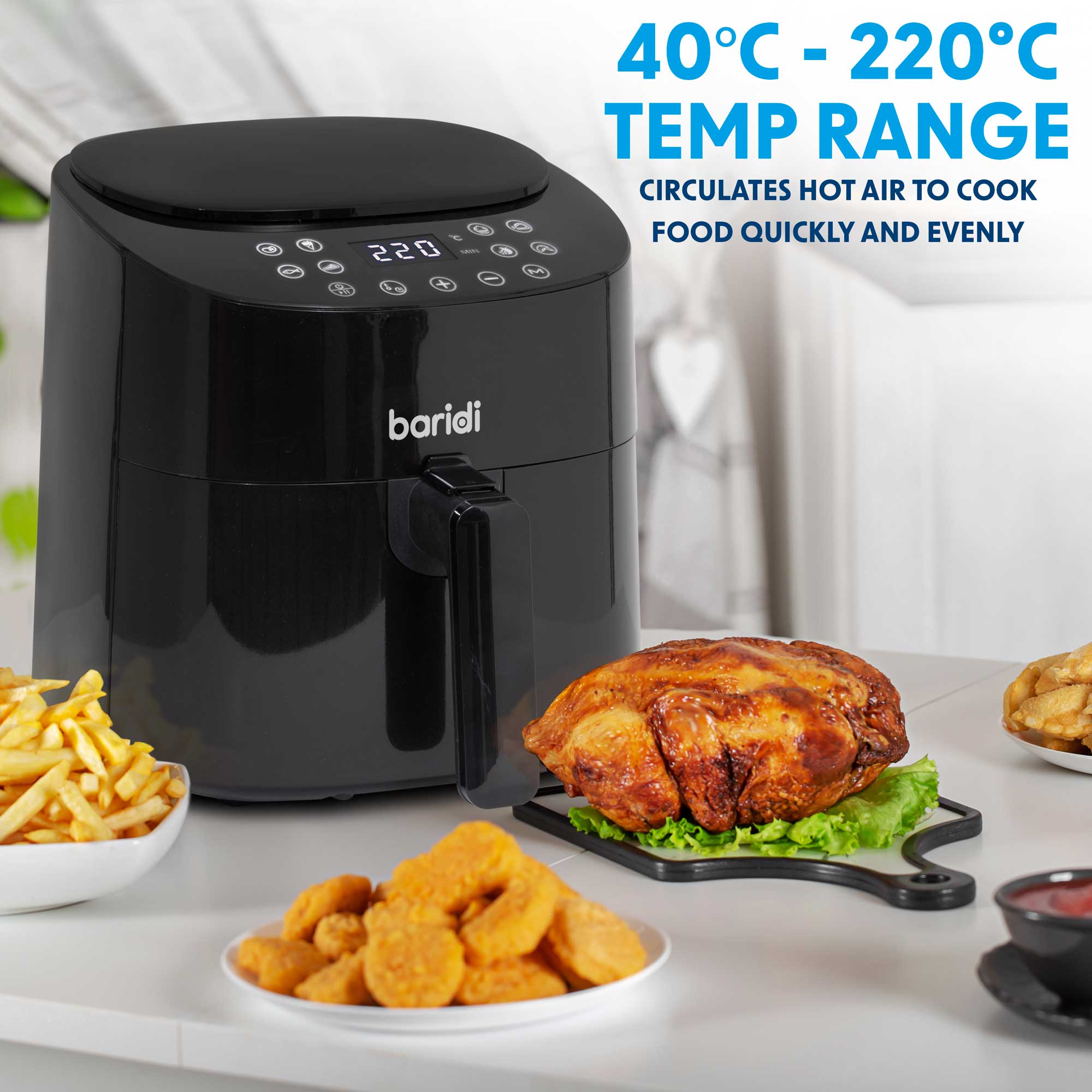 Baridi DH60 Air Fryer Action shot - infographic - temperature - range