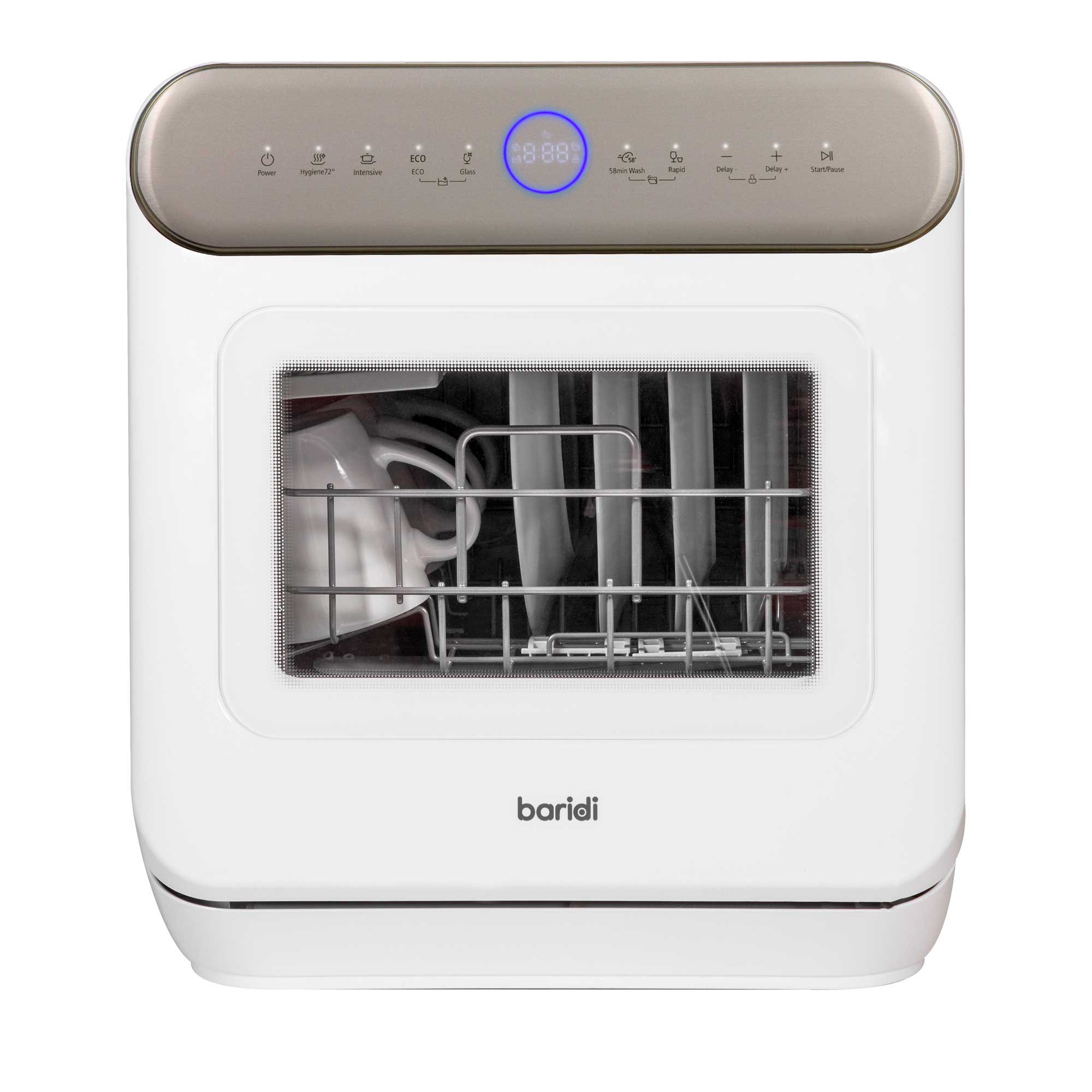 Baridi DH72 Mini Dishwasher Straight on - with contents