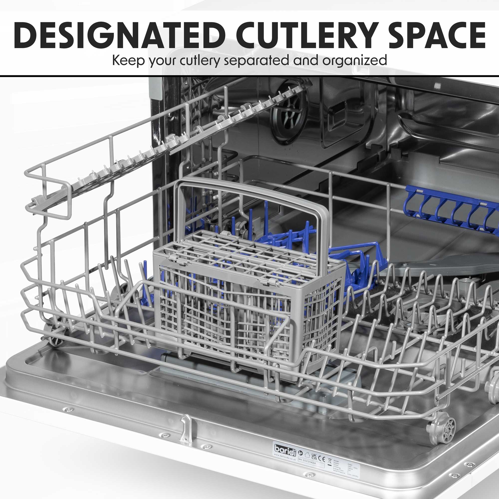 Baridi DH83 Tabletop Dishwasher Action shot - cutlery - basket - 2023