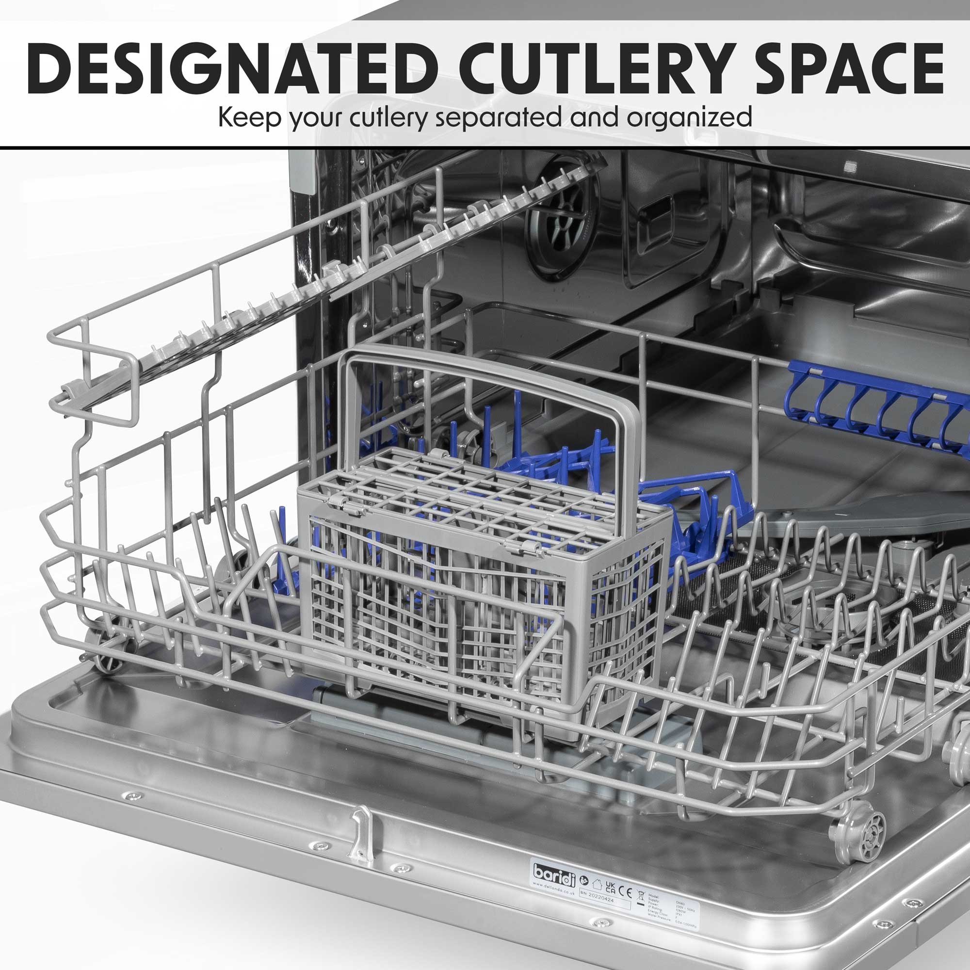Baridi DH84 Tabletop Dishwasher Action shot - cutlery - basket - 2023