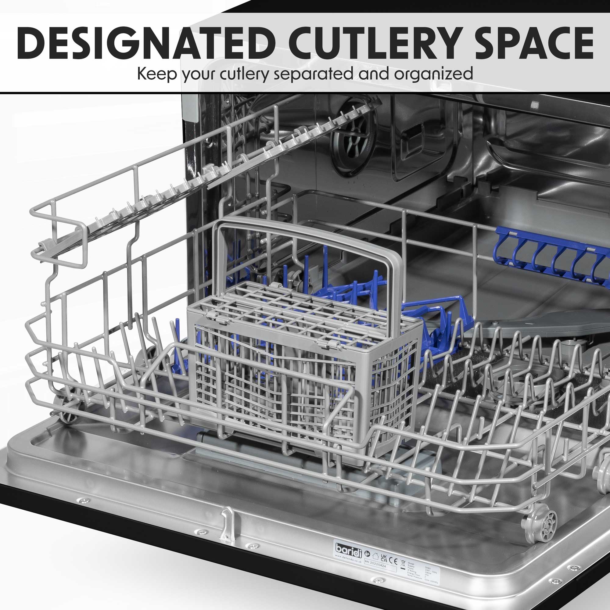 Baridi DH85 Tabletop Dishwasher Action shot - cutlery - basket - 2023