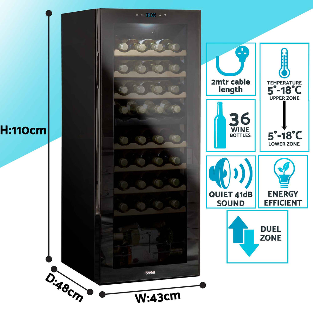 Baridi Baridi 36 Bottle Dual Zone Wine Cooler, Fridge, Touch Controls, Wooden