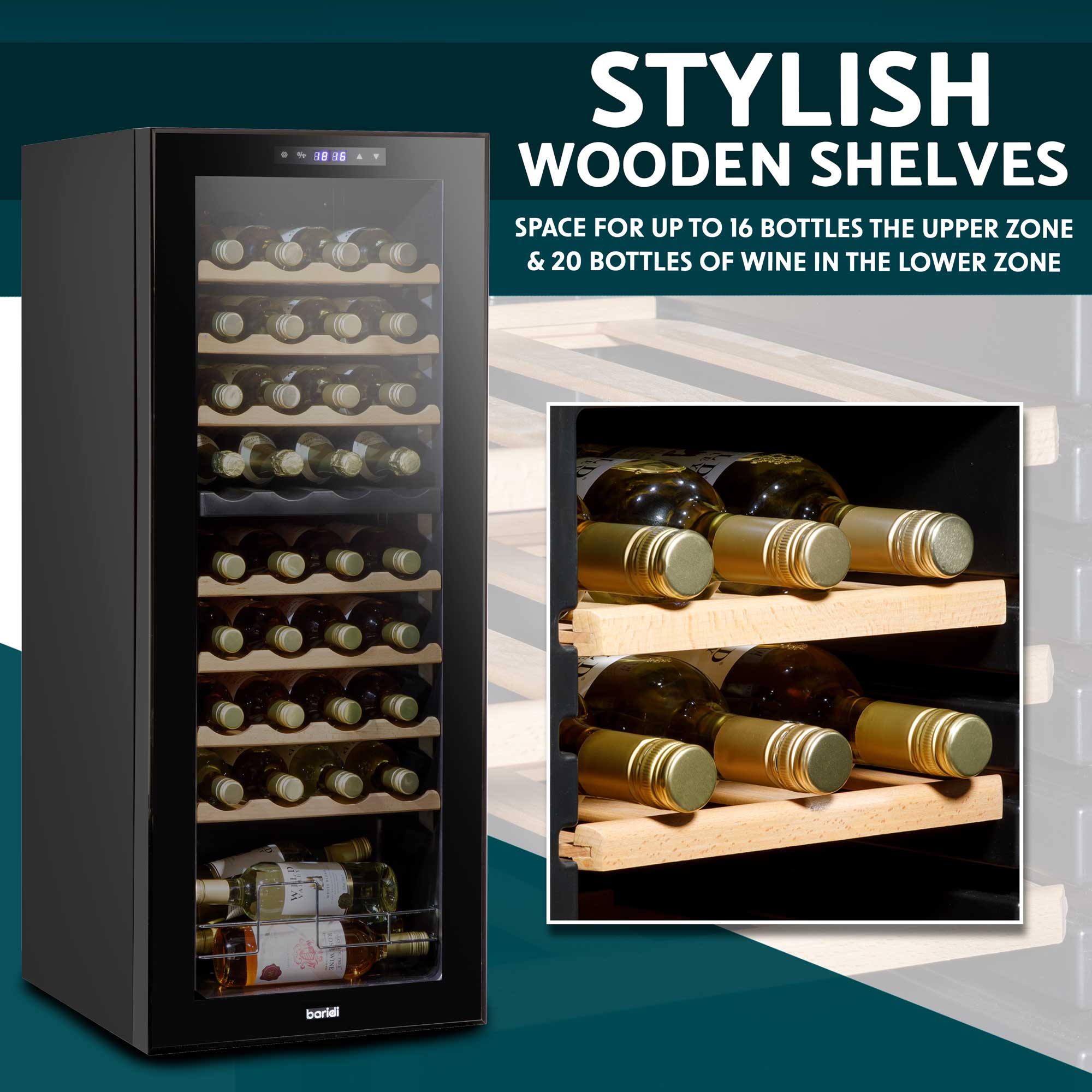 Baridi DH91 Wine Fridges Action shot - wooden - shelves
