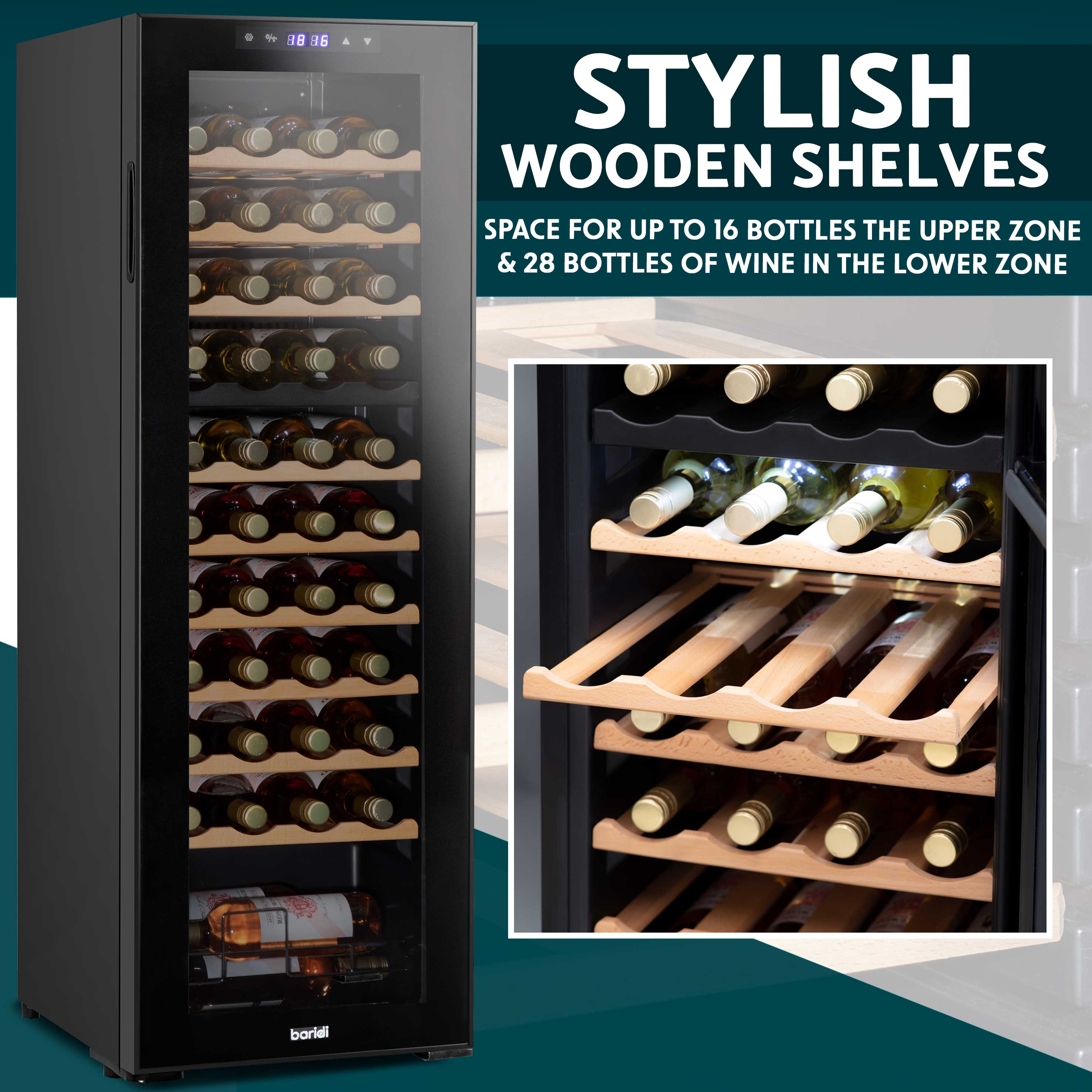 Baridi DH92 Wine Fridges Action shot - wooden - shelves