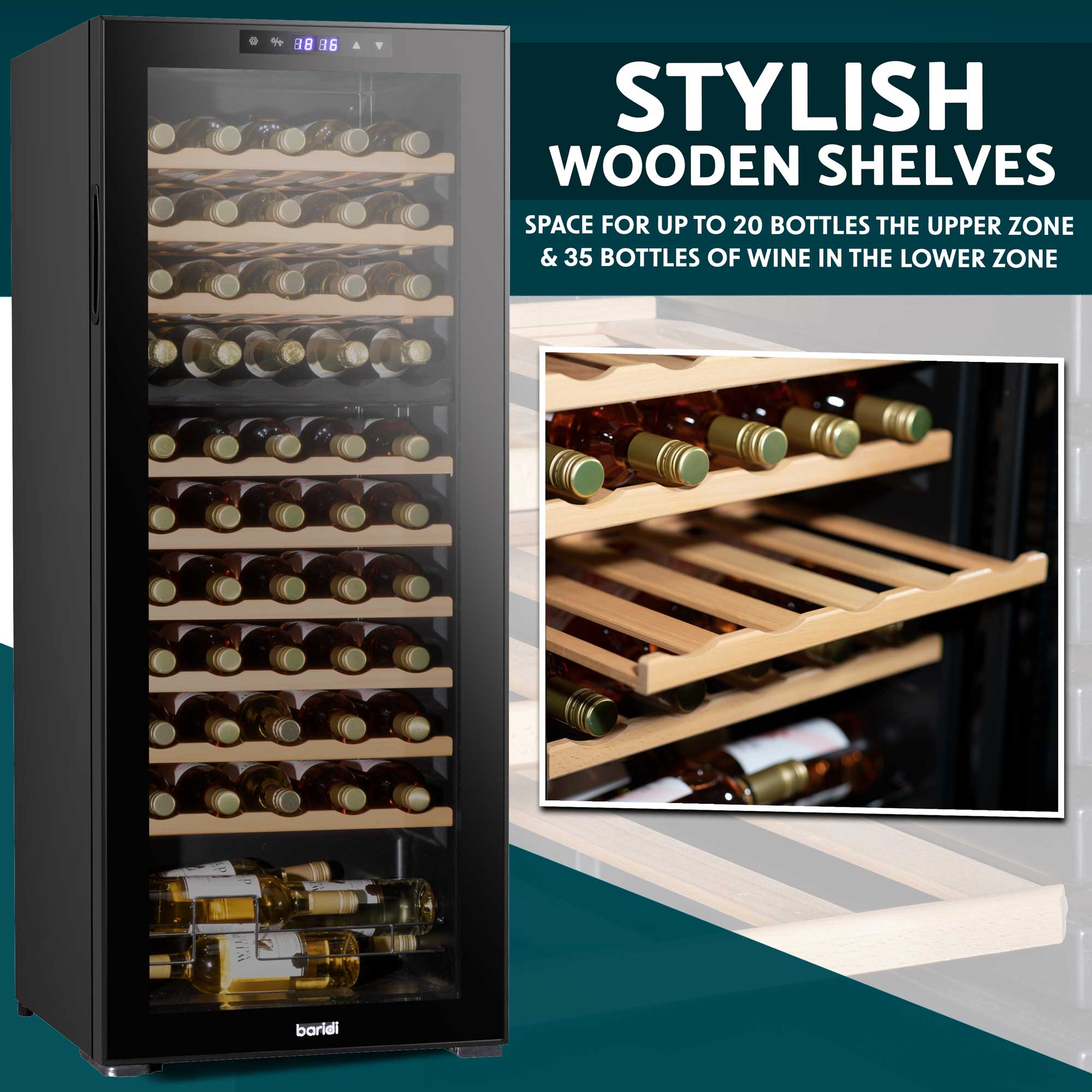 Baridi DH93 Wine Fridges Action shot - wooden - shelves