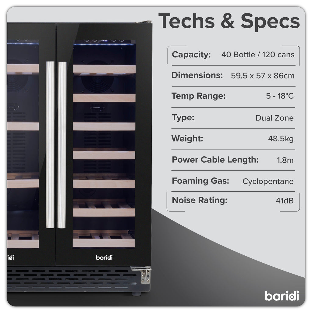 Baridi Baridi 40 Bottle/120 Can Dual Zone Undercounter/Freestanding Wine & Dr