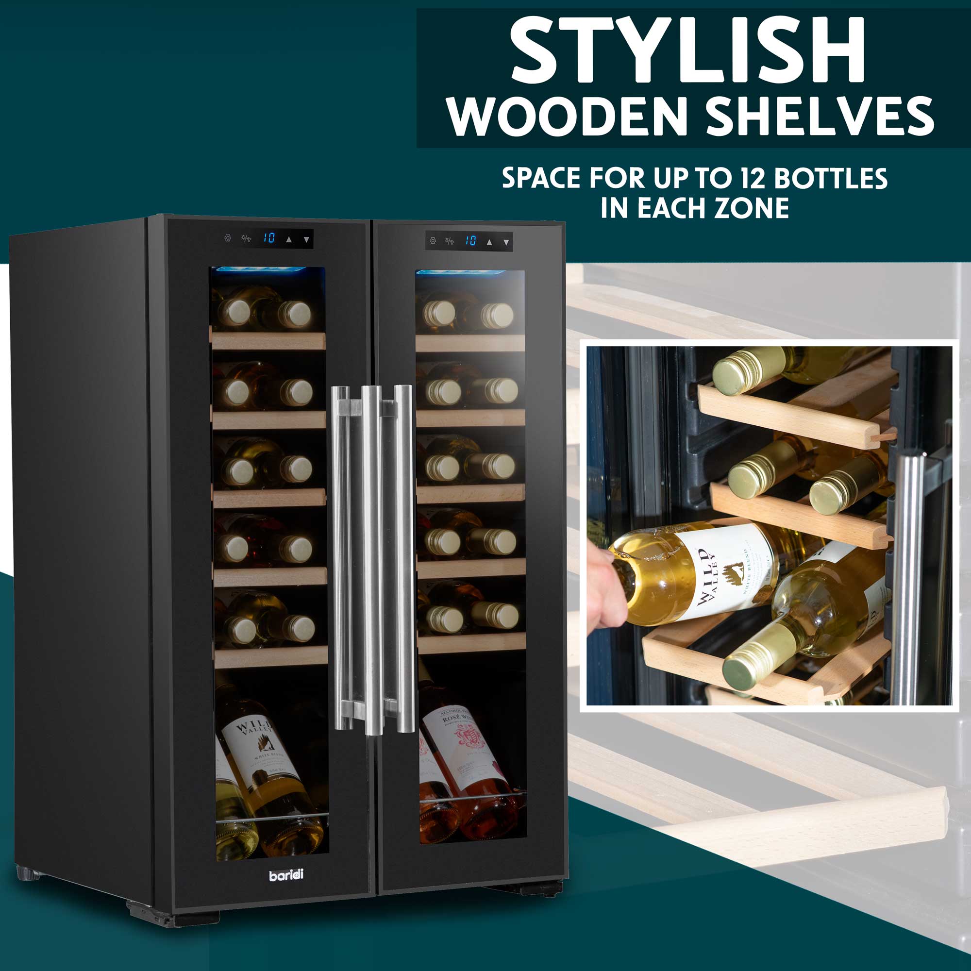 Baridi DH97 Wine Fridges Action shot - woodden - shelves